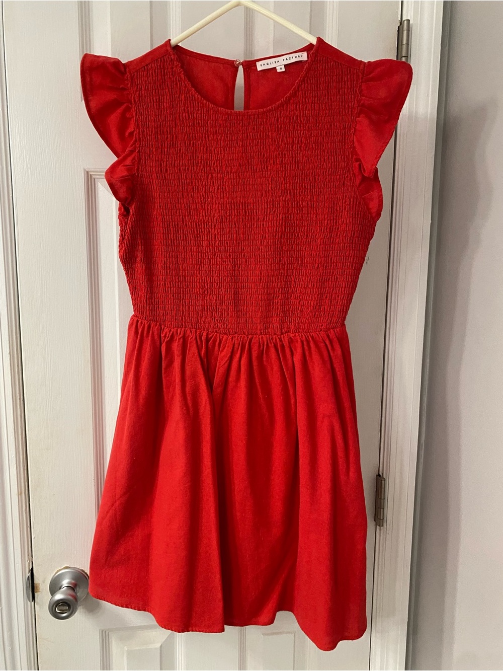 English Factory Red Smocked Bodice Flutter Sleeve Dress